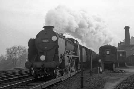 BR(S) Schools class 30900 'Eton' passing Preston Park Pullman Car Works, East Sussex with an up Vans Mail Special service on Tuesday 16 Dec 1958 - J.H.W. Kent [092223]