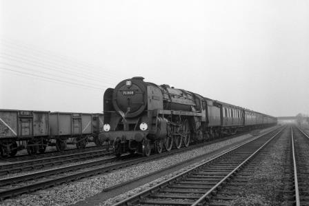 BR Britannia class 70008 'Black Prince' approaching Angel Road, Greater London with an up Passenger service on Saturday 14 Mar 1959 - J.H.W. Kent [092281]