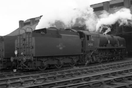 BR(S) West Country class 34010 'Sidmouth' at Nine Elms Shed, Greater London on Saturday 14 Mar 1959 - J.H.W. Kent [092301]