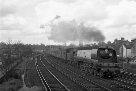 BR(S) Battle of Britain class 34068 'Kenley' between Shortlands and Bromley South, Greater London with a Victoria - Dover Marine or Folkestone Harbour via Maidstone East service on Easter Saturday 28 Mar 1959 - J.H.W. Kent [092322]