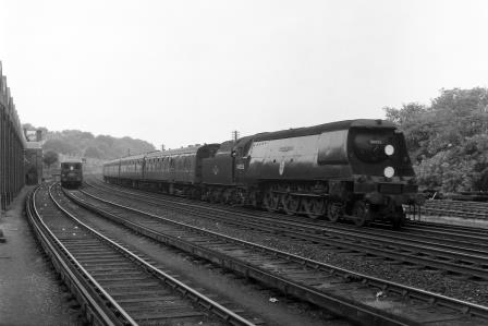 BR(S) Battle of Britain class 34055 'Fighter Pilot' passing Preston Park Pullman Car Works, East Sussex with a Birkenhead - Brighton - Hastings service in Jun 1962 - J.H.W. Kent [093288]
