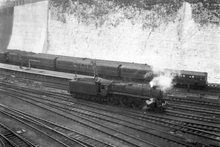 BR Std 5MT class 73085 'Melisande' at Brighton Station, East Sussex Light engine in Winter 1965 - J.H.W. Kent [093481]