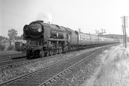 BR(S) Merchant Navy class 35012 'United States Lines' passing Bevois Park Sidings south of St Denys, Hampshire with a Waterloo - Bournemouth or Weymouth service on Saturday 29 Jun 1957 - J.H.W. Kent [094491]