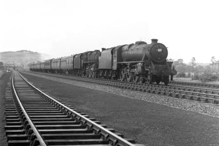 BR(M) 5MT class 44857 & BR Std 5MT class 73065 near Duffield, Derbyshire with a Southbound service on Saturday 13 Jul 1957 - J.H.W. Kent [094519]
