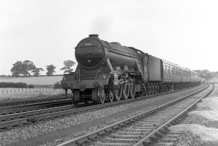 BR(E) A3 class 60103 'Flying Scotsman' at Brookmans Park, Hertfordshire with a Northbound service on Monday 22 Jul 1957 - J.H.W. Kent [094540]