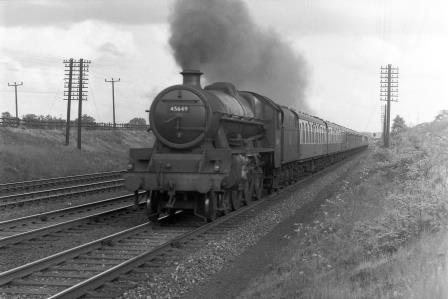 BR(M) Jubilee class 45649 'Hawkins' near Radlett, Hertfordshire with a Northbound service on Saturday 24 May 1958 - J.H.W. Kent [094591]