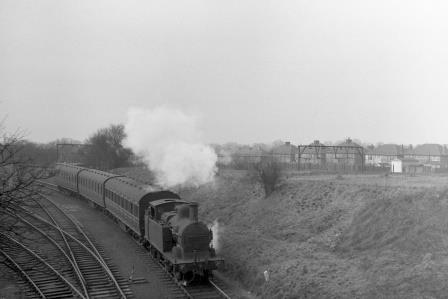 BR(M) 1P class 58087 east of Romford (Upminster branch), Greater London with a Romford - Upminster push-pull service on Saturday 02 Apr 1955 - J.H.W. Kent [094827]