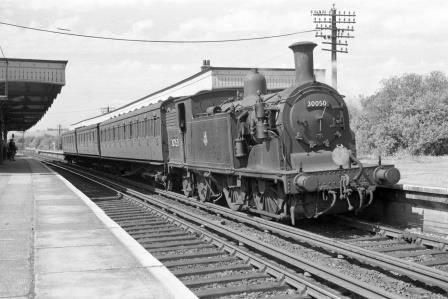 BR(S) M7 class 30050 at Christ's Hospital Station, West Sussex with the 9.30am Brighton - Horsham service on Sunday 29 Jun 1958 - J. Scrace [140019]