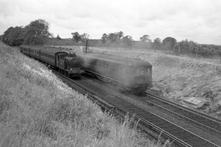 BR(S) M7 class 30055 & BR(S) Class 2-BIL 2024 near Christ's Hospital, West Sussex with the 11.19am Brighton - Horsham service on Saturday 06 Jun 1959 - J. Scrace [140037]