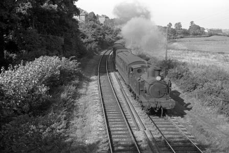 BR(S) O2 class W17 'Seaview' between Brading and Sandown, Isle of Wight with the 3.40pm Ryde Pier Head - Shanklin service on Saturday 03 Sep 1966 - J. Scrace [140976]
