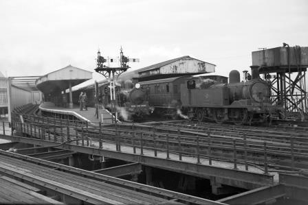 BR(S) O2 class W26 'Whitwell' & BR(S) O2 class W14 'Fishbourne' at Ryde Pier Head Station, Isle of Wight on Sunday 03 Oct 1965 - J. Scrace [141048]