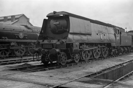 BR(S) West Country class 34006 'Bude' at Nine Elms Shed, Greater London on Saturday 15 Dec 1962 - J. Scrace [141165]