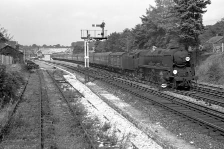 BR(S) West Country class 34017 'Ilfracombe' at Micheldever, Hampshire with the 1.30pm Waterloo - Weymouth service on Monday 15 Aug 1966 - J. Scrace [141231]