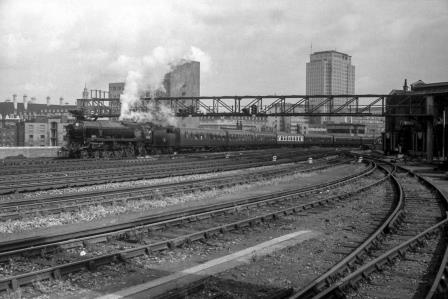 BR(S) West Country class 34021 'Dartmoor' at Waterloo, Greater London with the 8.54am Waterloo - Southampton Docks service on Wednesday 21 Jun 1967 - J. Scrace [141257]