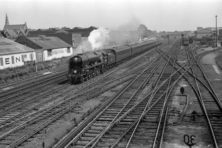 BR(S) West Country class 34022 'Exmoor' at Wimbledon, Greater London with the 10.54am Waterloo - Salisbury service on Wednesday 12 Jun 1963 - J. Scrace [141262]