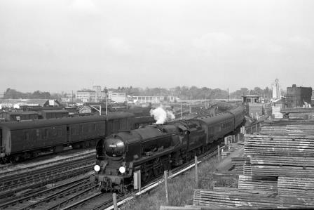BR(S) West Country class 34026 'Yes Tor' at Horsham, West Sussex with the 11.28am Norbury - Southampton Football Special on Saturday 07 Nov 1964 - J. Scrace [141305]