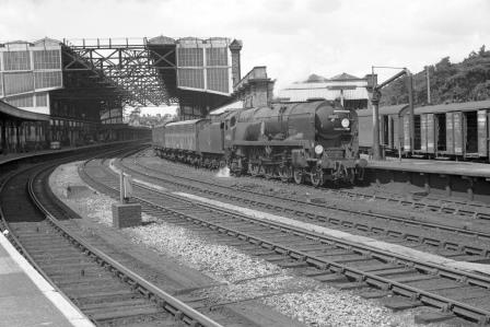 BR(S) Battle of Britain class 34052 'Lord Dowding' at Bournemouth Central Station, Dorset with the 12.59pm Waterloo service at Bournemouth Central on Monday 23 May 1966 - J. Scrace [141411]