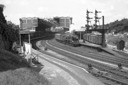 BR(S) Battle of Britain class 34052 'Lord Dowding' at Bournemouth Central Station, Dorset with the 12.59pm Waterloo service at Bournemouth Central on Monday 23 May 1966 - J. Scrace [141412]