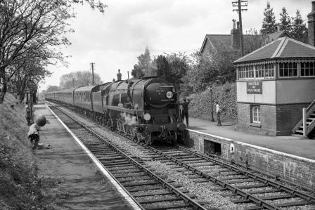 BR(S) Battle of Britain class 34059 'Sir Archibald Sinclair' at Medstead and Four Marks Station, Hampshire with the 10.34am Bournemouth Central - Waterloo service on Sunday 15 May 1966 - J. Scrace [141453]