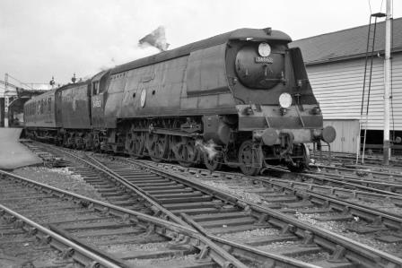 BR(S) Battle of Britain class 34062 '17 Squadron' at Exeter St Davids Station, Devon with the 2.15pm Plymouth - Waterloo service on Thursday 03 Jul 1958 - J. Scrace [141464]