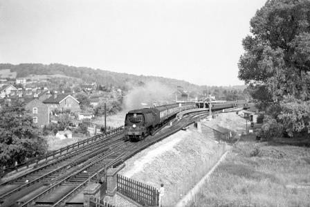 BR(S) Battle of Britain class 34066 'Spitfire' at Dorking North Station, Surrey with the 9.11am Kensington - Bognor Regis Sunday School excursion from Uxbridge (WR) on Saturday 14 Jun 1958 - J. Scrace [141474]