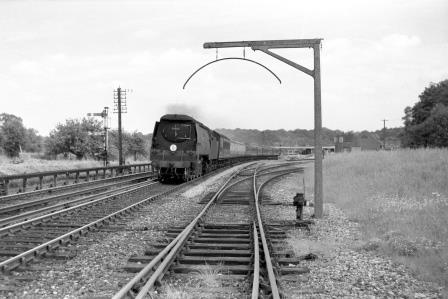 BR(S) Battle of Britain class 34066 'Spitfire' at Christ's Hospital, West Sussex with the 9.35am "Ramblers' excursion" Victoria - Bramber on Sunday 29 Jun 1958 - J. Scrace [141475]