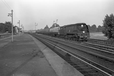 BR(S) Battle of Britain class 34066 'Spitfire' at Esher Station, Surrey with the 6.54pm Waterloo - Salisbury service on Thursday 18 Aug 1966 - J. Scrace [141479]