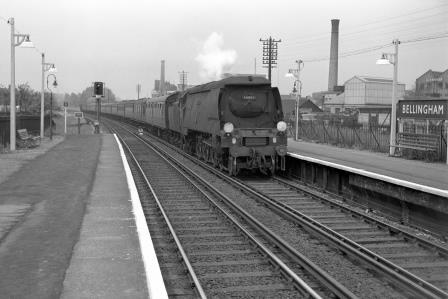 BR(S) Battle of Britain class 34067 'Tangmere' at Bellingham Station, Greater London with the 1.30pm Victoria - Folkestone Harbour Boat Train on Sunday 04 Jun 1961 - J. Scrace [141481]