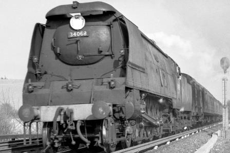BR(S) Battle of Britain class 34068 'Kenley' at Sole Street Bank, Kent with the 2.28pm Dover - Victoria Boat Train on Saturday 04 Apr 1959 - J. Scrace [141482]