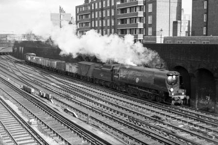 BR(S) Battle of Britain class 34068 'Kenley' at Clapham Junction, Greater London with the 12.30pm Battersea Yard - Norwood Junction Yard service on Tuesday 25 Oct 1960 - J. Scrace [141483]