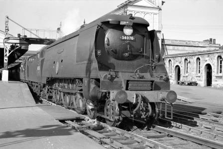 BR(S) Battle of Britain class 34076 '41 Squadron' at Exeter St Davids Station, Devon on Monday 14 Sep 1959 - J. Scrace [141502]