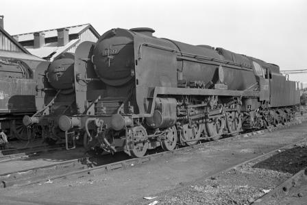 BR(S) Battle of Britain class 34077 '603 Squadron' & BR(S) West Country class 34017 'Ilfracombe' at Nine Elms Shed, Greater London on Monday 05 Sep 1966 - J. Scrace [141512]
