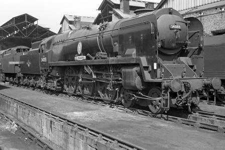 BR(S) Battle of Britain class 34088 '213 Squadron' at Nine Elms Shed, Greater London on Monday 28 Aug 1961 - J. Scrace [141554]