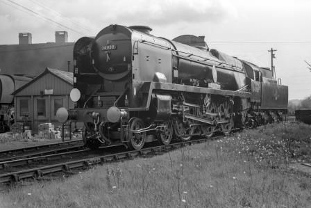 BR(S) Battle of Britain class 34088 '213 Squadron' at Three Bridges Shed, West Sussex on Thursday 09 May 1963 - J. Scrace [141558]