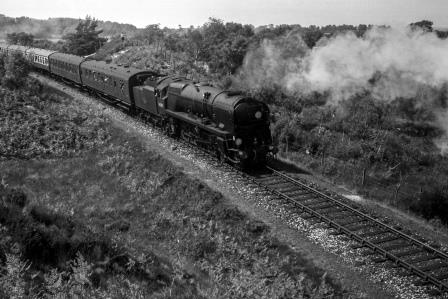 BR(S) Battle of Britain class 34089 '602 Squadron' at Corfe Castle, Dorset with the "RCTS Farewell to Southern Steam"Rail Tour on Sunday 18 Jun 1967 - J. Scrace [141588]