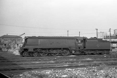 BR(S) West Country class 34102 'Lapford' at Nine Elms Shed, Greater London on Tuesday 04 Jul 1967 - J. Scrace [141680]