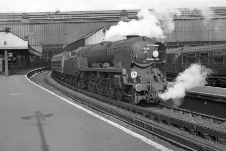 BR(S) West Country class 34108 'Wincanton' at Waterloo Station, Greater London with the 1.30pm Waterloo - Weymouth service on Wednesday 15 Mar 1967 - J. Scrace [141703]