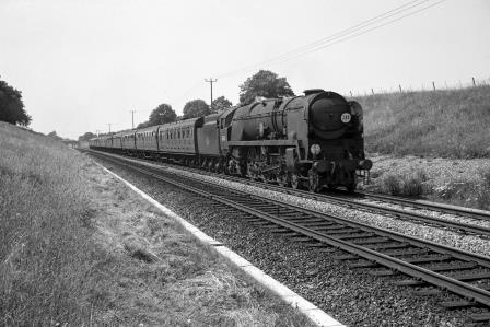 BR(S) Merchant Navy class 35013 'Blue Funnel' at Sway, Hampshire with the 11.10am Bournemouth Central - Waterloo service on Saturday 23 Jul 1966 - J. Scrace [141773]