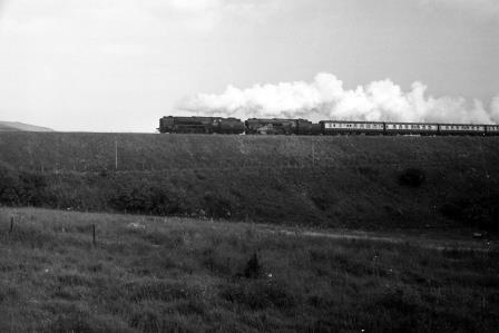 BR(S) Merchant Navy class 35013 'Blue Funnel' & BR(S) Merchant Navy class 35030 'Elder Dempster Lines' at Upwey, Dorset with the "WRS Farewell to Steam on the LSWR" Rail Tour on Sunday 11 Jun 1967 - J. Scrace [141780]