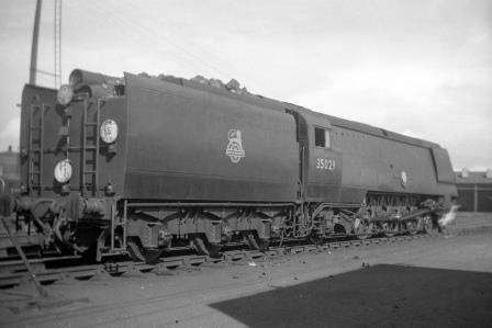 BR(S) Merchant Navy class 35029 'Ellerman Lines' at Exmouth Junction Shed, Greater London on Thursday 12 Sep 1957 - J. Scrace [141843]