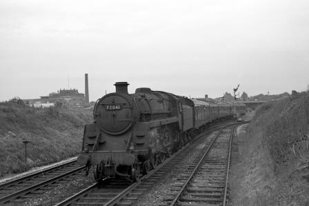 BR Std 5MT class 73041 at Dorchester South, Dorset with the 2.55pm Bournemouth Central - Weymouth service on Friday 12 Jun 1964 - J. Scrace [142136]