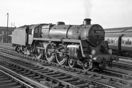 BR Std 5MT class 73083 'Pendragon' at Clapham Junction, Greater London on Friday 20 Nov 1959 - J. Scrace [142165]