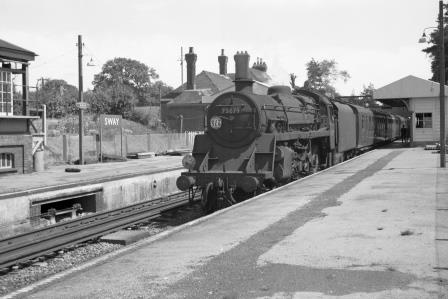 BR Std 4MT class 75079 at Sway Station, Hampshire with the 10.43am Southampton Central - Bournemouth Central service on Saturday 11 Jun 1966 - J. Scrace [142287]