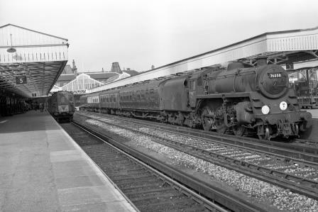 BR Std 4MT class 76058 at Portsmouth and Southsea Low Level Station, Hampshire with the 11.19am to Plymouth on Wednesday 07 Sep 1966 - J. Scrace [142346]