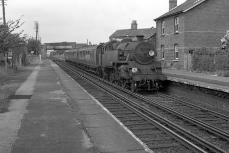 BR Std 4MT class 80011 at Beaulieu Road Station, Hampshire with the 2.10pm Eastleigh - Bournemouth Central service on Saturday 03 Jun 1967 - J. Scrace [142405]