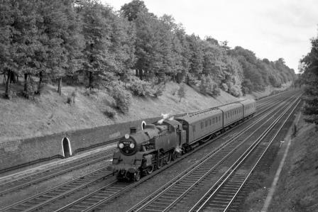 BR Std 4MT class 80012 at East Croydon, Greater London with the 1.55pm Brighton - Victoria (via Eridge) service on Friday 01 Aug 1958 - J. Scrace [142407]