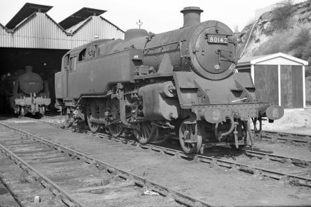 BR Std 4MT class 80142 & BR(S) N class 31873 at Redhill Shed, Surrey on Wednesday 08 Apr 1964 - J. Scrace [142591]