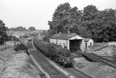 BR Std 4MT class 80146 passing Swanage Shed, Dorset with the 9.50am Wareham - Swanage service on Friday 12 Jun 1964 - J. Scrace [142626]
