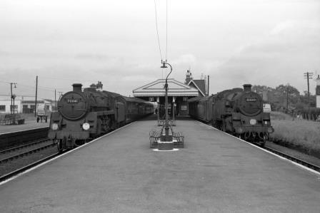 BR Std 4MT class 80147 & BR Std 5MT class 73041 at Wareham Station, Dorset with the 3.37pm Wareham - Swanage service on Monday 08 Jun 1964 - J. Scrace [142649]