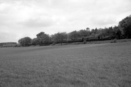 BR Std 4MT class 80151 & BR(S) West Country class 34019 'Bideford' at Medstead Bank, Hampshire with the 9.54am Weymouth - Waterloo service on Sunday 15 May 1966 - J. Scrace [142662]